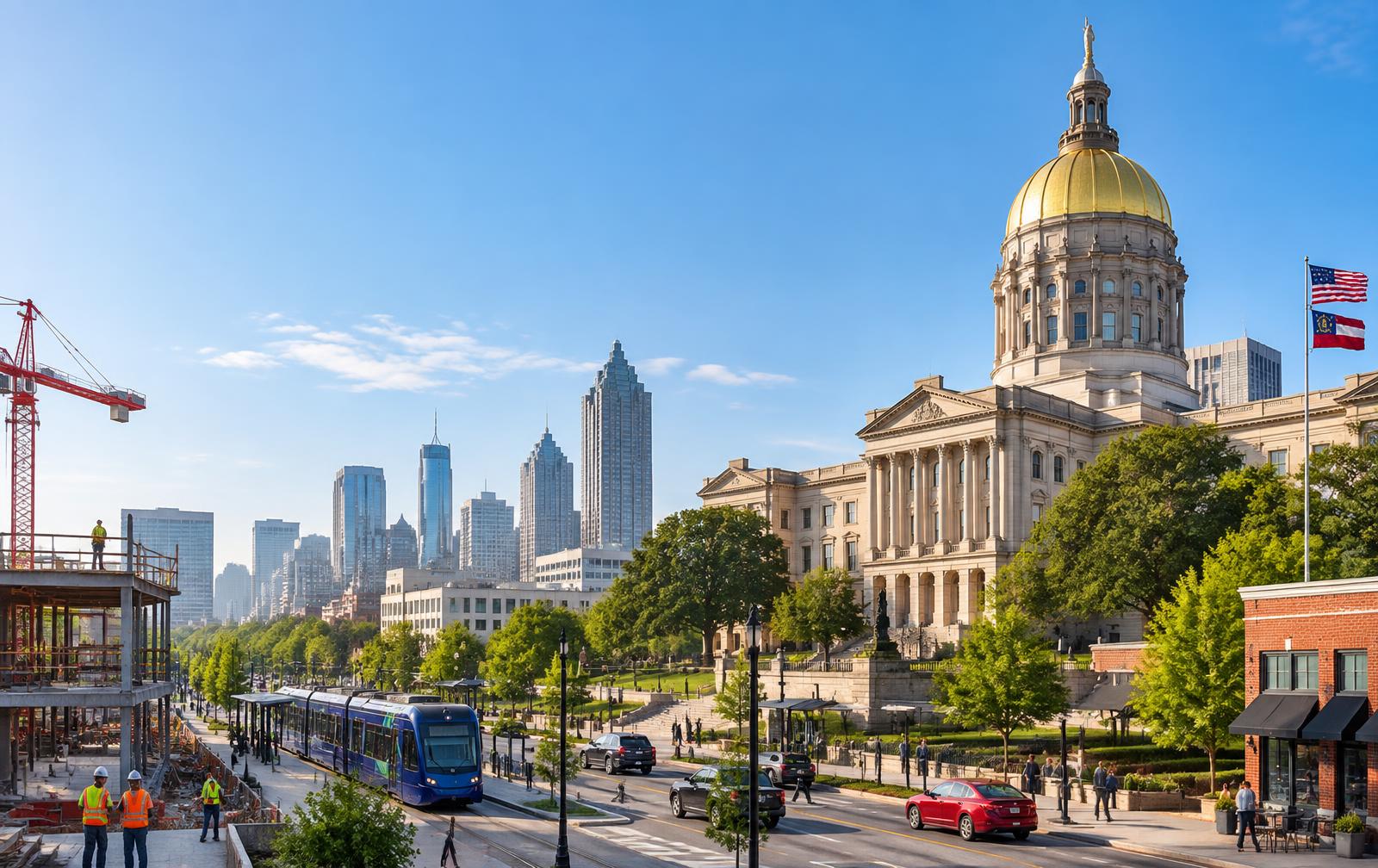 The Georgia State Capitol and Atlanta skyline, representing civic and business leadership